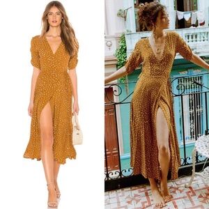 Faithfull The Brand Chiara Yellow Dotted Midi Dress Noel Caramel Wrap Dress XS